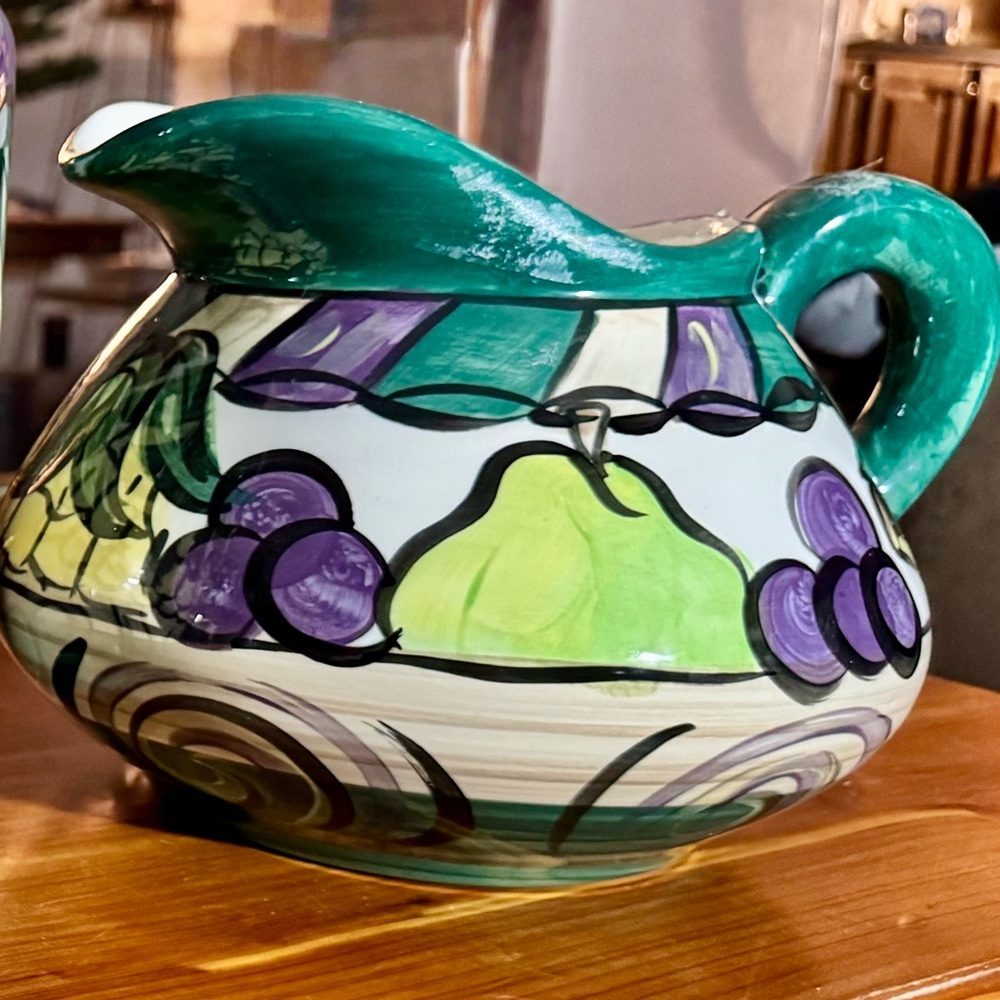 Vintage Shannon Norton Hand-Painted Ceramic Pitcher with Fruit Design. 1997.